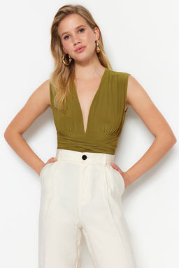 Yesil Baglama Detayl? V Yaka Fitted/Vucuda Oturan Esnek C?tc?tl? Orme Body TWOSS23BD00055