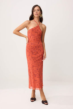 Turuncu Cicekli Bodycon Boyundan Baglamal? Kolsuz Tul Orme Elbise TWOSS26EL00489