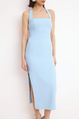 Ac?k Mavi Duz Vucudu Saran Gul Detayl? Dokuma Finike Midi Astars?z S?k/Gece Elbise