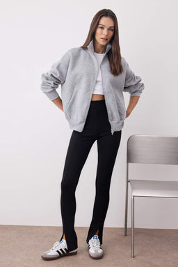 Gri Melanj Oversize/Genis Kal?p Fermuarl? Dik Yaka Kal?n Orme Sweatshirt TWOAW26SW00070