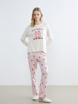 Bisiklet Yaka Bask?l? Kad?n Pijama Tak?m?