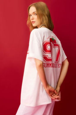 Coool Oversize Genis Kal?p Bisiklet Yaka Bask?l? K?sa Kollu Tisort