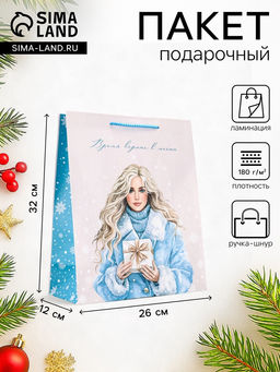 Цена за 2 шт. Пакет подарочный новогодний ламинированный, «Время верить в мечты», 26×12×32 см