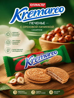 Печенье Кухмастер Kremareo с ореховой начинкой сахарное 100 г