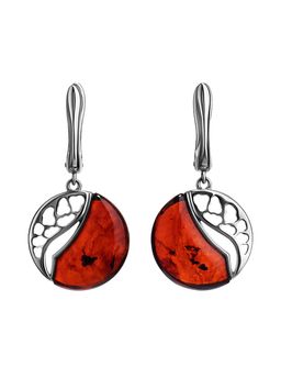 Яркие серьги из серебра и натурального янтаря вишнёвого цвета Санрайз