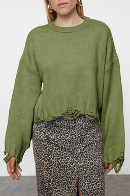 Haki Crop Genis Kal?p Yumusak Dokulu Ak?tma Detayl? Triko Kazak TWOAW24KZ00319