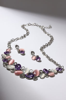 Набор 2 предмета: серьги, колье Листочки, цвет розовый в серебре, 40 см