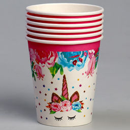Цена за 4 шт. Стакан бумажный «Единорог и цветы», набор 6 шт., 220 мл, цвет розовый