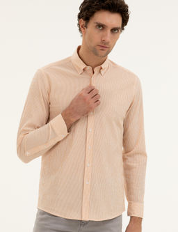 Оранжевая рубашка узкого кроя из смесового хлопка в полоску - Cacharel фото 3