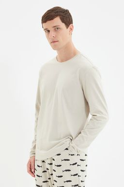 TRENDYOL MAN Bej Regular Fit Bask?l? Orme %100 Pamuk Pijama Tak?m? TMNAW22PT1069 - Trendyolmilla фото 3