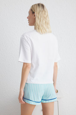 Trendyolmilla Beyaz-Pembe %100 Pamuklu Cizgili Bask?l? Sortlu Orme Pijama Tak?m? THMSS25PT00115 фото 6