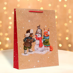 Пакет подарочный новогодний ламинированный «Зверята и снеговик», 33×42.5×10 см