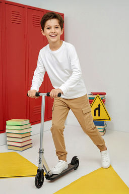 Bej 100% Pamuk Duz/Basic Gabardin Dokuma Erkek Cocuk Okul Pantolonu TKDAW26PL00001