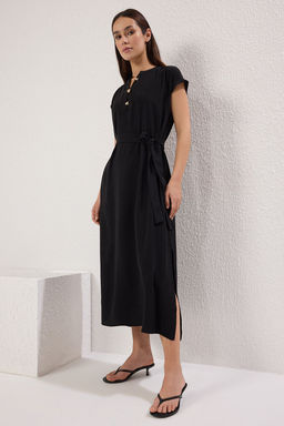 Siyah Kesim Kusakl? Midi Dokuma Elbise TWOSS25EL00630 - Trendyolmilla фото 2