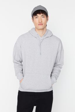 Gri Melanj Oversize/Genis Kesim Kapusonlu Ici Polar/S?cak Tutan Sweatshirt TMNAW23SW00195