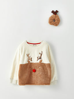 Bisiklet Yaka Nak??l? Uzun Kollu Pel?? K?z ?ocuk Sweatshirt ve Toka