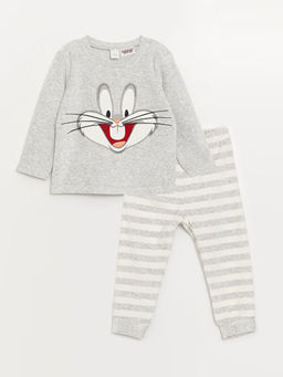Bisiklet Yaka Uzun Kollu Bugs Bunny Nak??l? Kadife Erkek Bebek Pijama Tak?m?