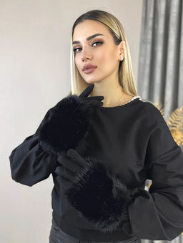 Утепленные женские перчатки с мехом , цвет черный - Greta фото 4