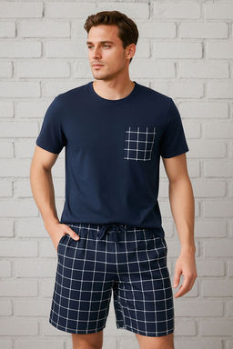 TRENDYOL MAN Lacivert Regular Fit Ekose Orme Sortlu Pijama Tak?m? TMNSS25PT00034