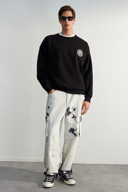 Siyah Oversize/Geni_ Kesim _i_ek Nak__l_ __i Polar/S_cak Tutan Sweatshirt TMNAW24SW00012