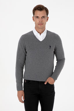 Erkek Slim Fit V Yaka Gri Melanj Basic Kazak