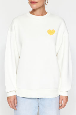 Ekru Kal?n Ici Polarl? Gogus ve S?rt Kabartma Bask?l? Oversize Orme Sweatshirt TWOAW24SW00226