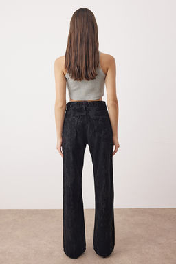 Siyah Siyah Suet Gorunumlu Flok Bask?l? Yuksek Bel Wide Leg Jeans Yuksek Bel Jeans TWOAW26JE00309 - Trendyolmilla фото 4