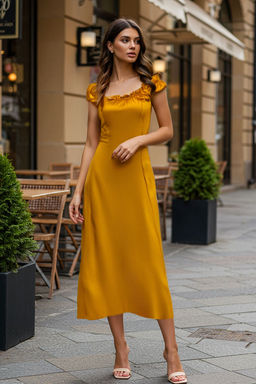 Kiremit A Kesim Yakas? Lastik Detayl? Midi Dokuma Elbise TWOSS25EL00632