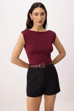 Bordo Duz Fitted Kay?k Yaka Kolsuz Premium Yumusak Orme Bluz TWOSS26BZ00712