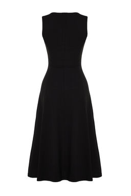 Siyah %100 Pamuk Skater/Belden Ac?lan Bisiklet Yaka Kolsuz Midi Orme Midi Elbise TWOSS24EL00193