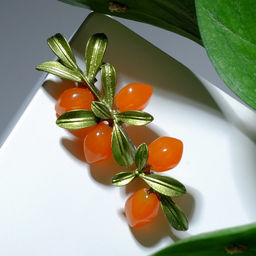 Брошь «Облепиха», оранжево-зелёная в серебре