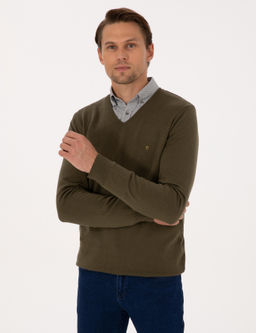 Koyu Haki Slim Fit V Yaka Basic Triko Kazak - Pierre cardin фото 3