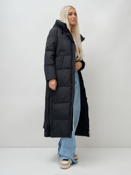 Пальто утепленное стеганное зимнее с капюшоном женское черного цвета 9605Ch - Mtforce фото 17
