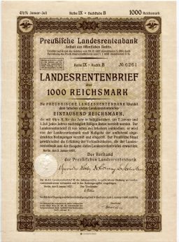 Облигация 4,5% 1000 рейхсмарок 1937 года Германия