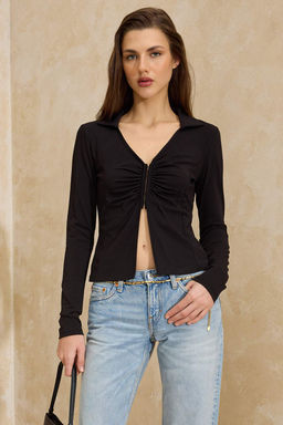 Siyah Fitted/Vucuda Oturan Polo Yaka Agrafl? Buzgulu Pamuklu Esnek Orme Bluz TWOSS26BZ00098