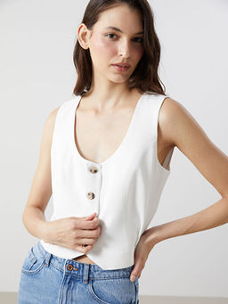 U Yaka Keten Kar???ml? Kad?n Klasik Yelek