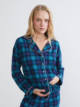 G?mlek Yaka Ekose Kad?n Pijama Tak?m?