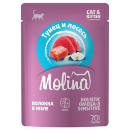 MOLINA SUPERPREMIUM Пауч с Тунцом и Лососем для котят и кошек, волокна в желе, 70г
