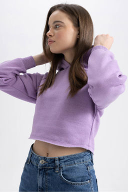 Crop Kapusonlu Basic Duz Sweatshirt - Defacto фото 2