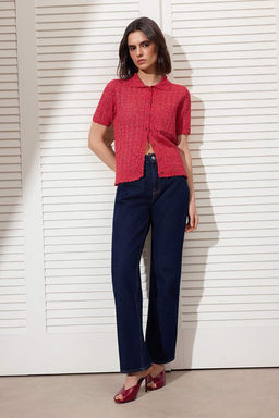 K?rm?z? Pamuk Kar?s?ml? Dugmeli Triko Bluz TWOSS26BZ00294