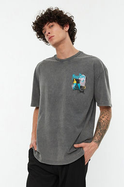 Antrasit Oversize/Geni_ Kesim Bisiklet Yaka K_sa Kollu Asit Y_kamal_ Bask_l_ T-Shirt TMNSS22TS0838 - Trendyolmilla фото 2