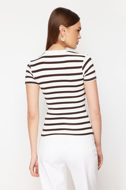 Kahverengi Cizgili Viskoz/Yumusak Kumas Vucuda Oturan Orme Bluz TWOSS24BZ00296