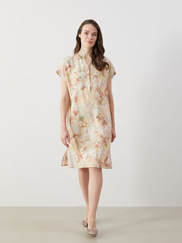 Ka??k Yaka ?i?ekli A Kesim Keten G?r?n?ml? Elbise