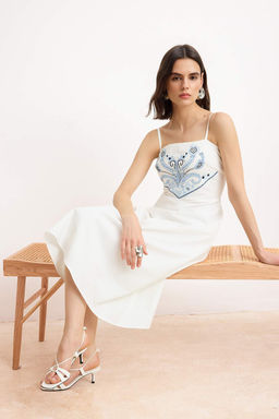 TRENDYOLMILLA Ekru A Kesim Nak?sl? Midi Astarl? Poplin Dokuma Elbise TWOSS25EL00218 фото 7