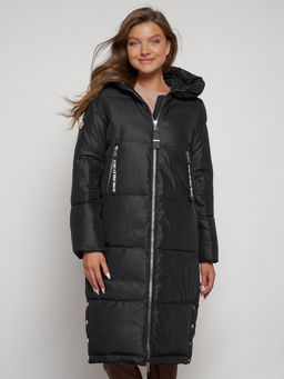 Пальто утепленное с капюшоном зимнее женское черного цвета 13816Ch