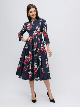 Платье темно-синее длины миди с принтом и рукавами 3/4 - 1001dress фото 5