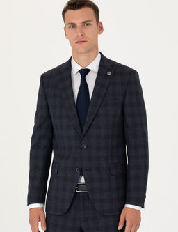 Lacivert Ekose Ekstra Slim Fit Y_n Kar___ml_ Tak_m Elbise