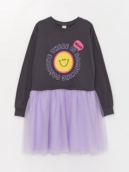 Bisiklet Yaka Bask?l? Uzun Kollu K?z ?ocuk Elbise