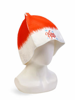 Набор для бани с принтом С новым годом!, 5 предметов: шапка, рукавица, тапочки, коврик, войлок, красный, Банная забава  фото 8