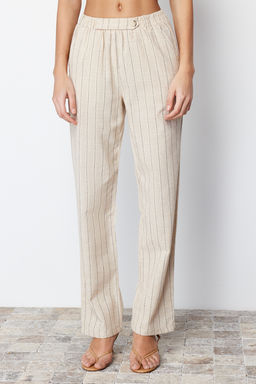 Bej Cizgili Beli Lastikli Cepli Straight/Duz Kesim Pamuk Keten Dokuma Pantolon TWOSS24PL00055